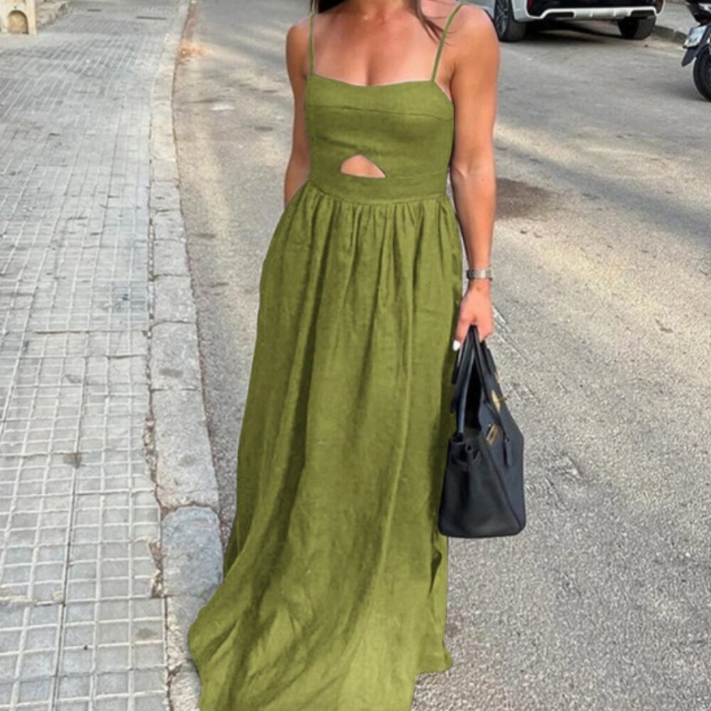 Large Cotton Sleeveless Pockets Cutout Long Dress - Commense
